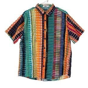 Votpave Mens Size L Short Sleeve Button Up Shirt Multicolor Geometric Print